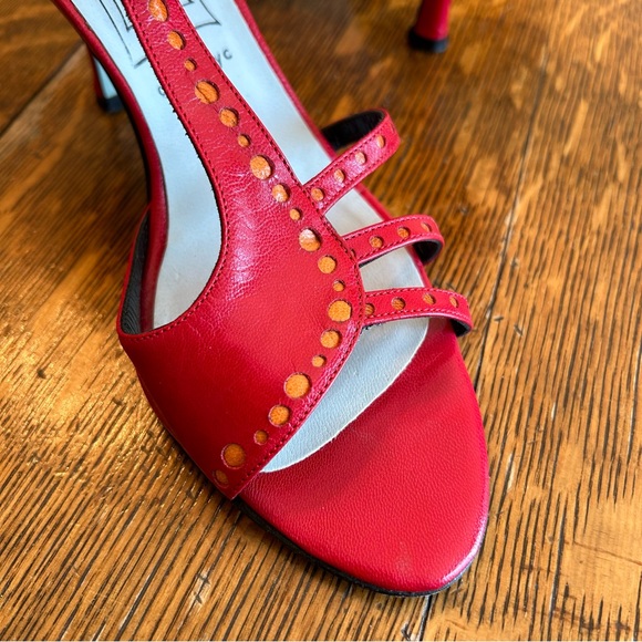 Vintage Red Leather Designer Sandal Heels with Orange Dot Details - Picture 5 of 7